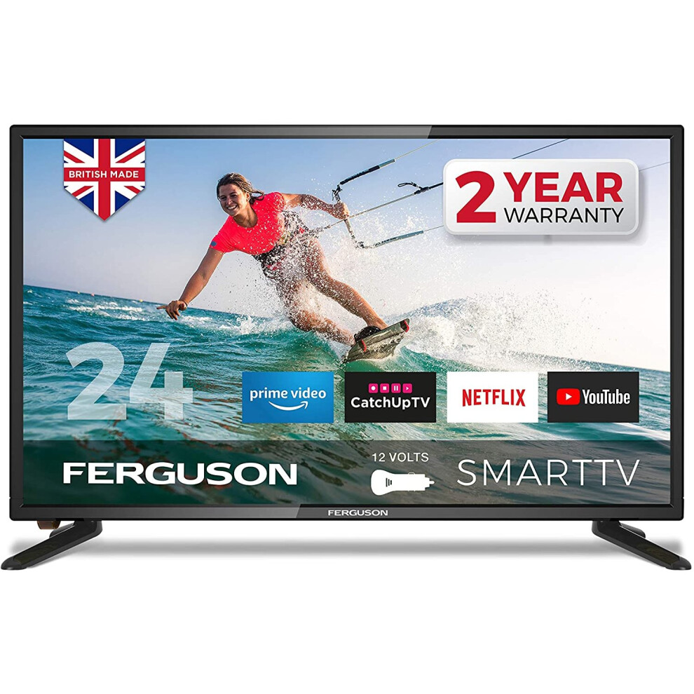 Ferguson F24RTS-12 Volt 24 inch Smart 12-volt LED TV with streaming apps and catch up TV built-in | Made in the UK, Black 